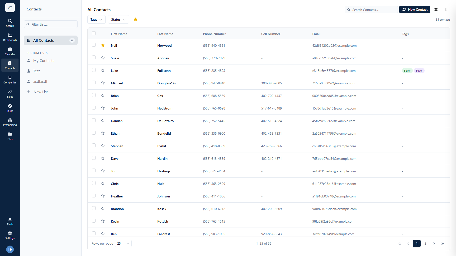 Axiom Contacts list — every client in one clean system with custom lists, tags and status.