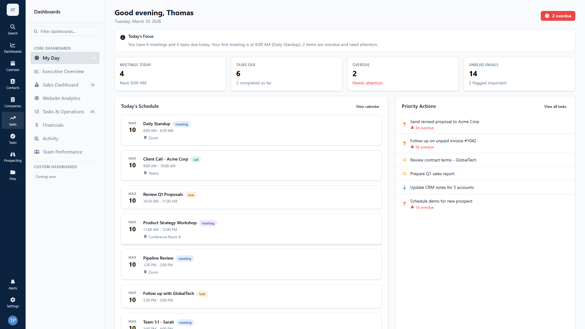 Axiom My Day dashboard showing today's meetings, tasks due, overdue items and unread email in one briefing.