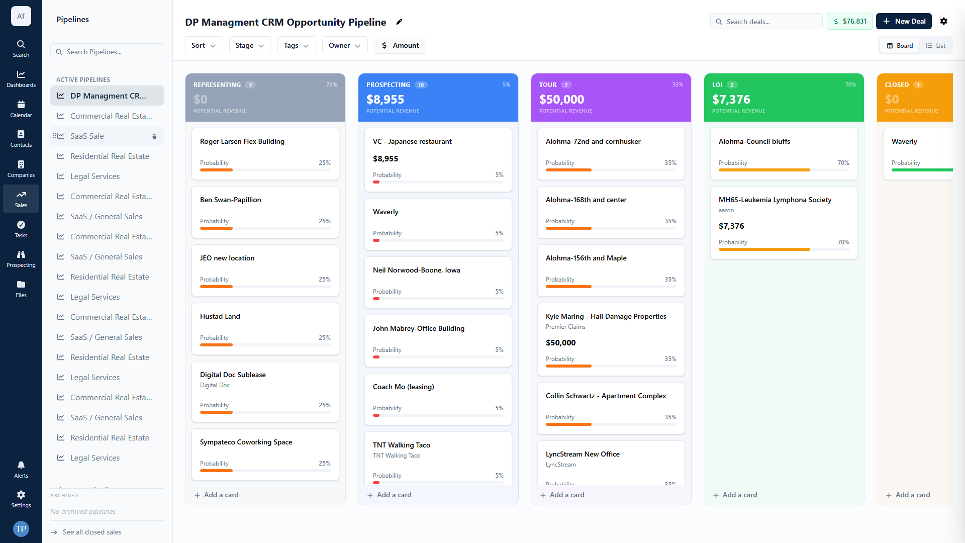 Axiom Sales Pipeline — drag-and-drop deal stages with potential revenue per column.